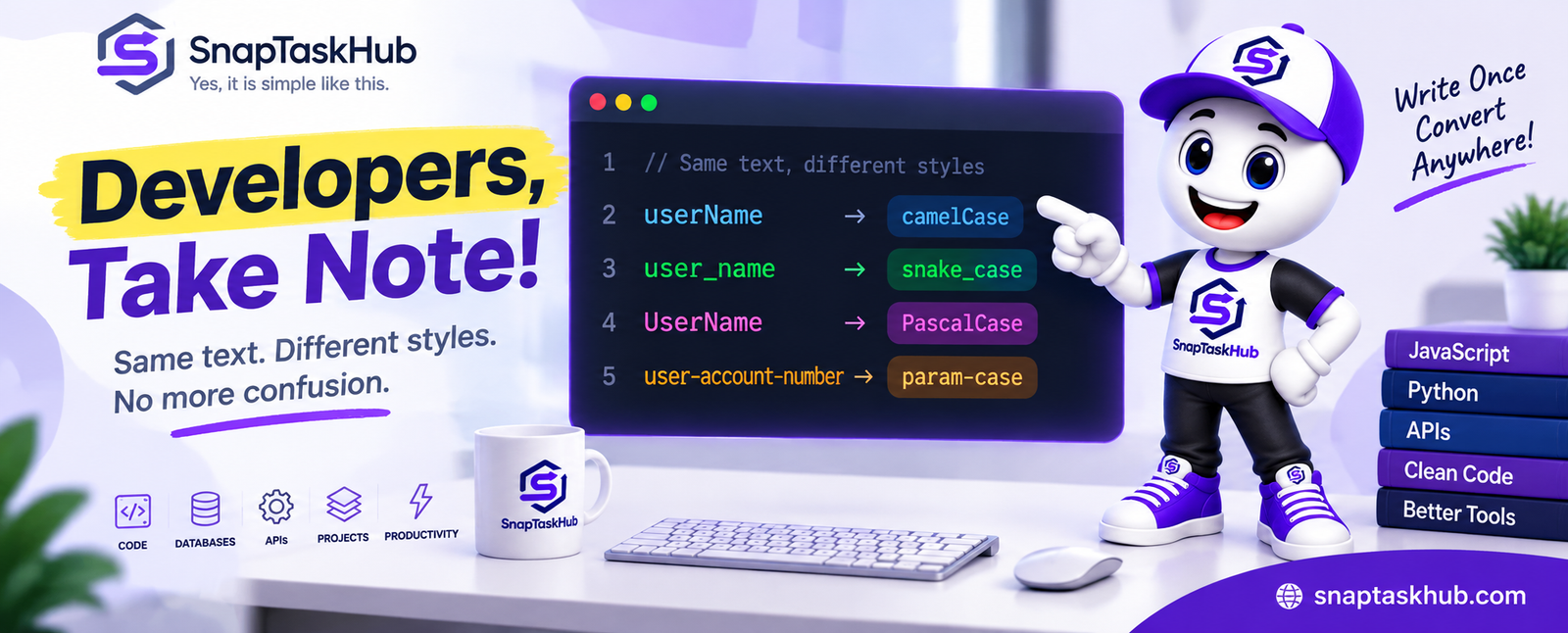 Developer comparing camelCase, snake_case, PascalCase and param-case naming styles using the SnapTaskHub Case Converter.