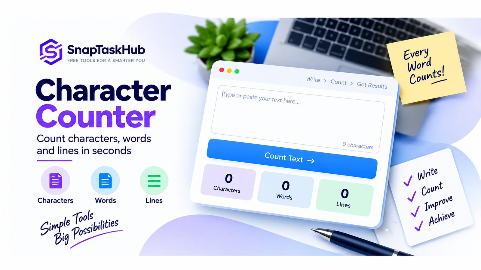 Online character counter for counting characters, words, and lines in text