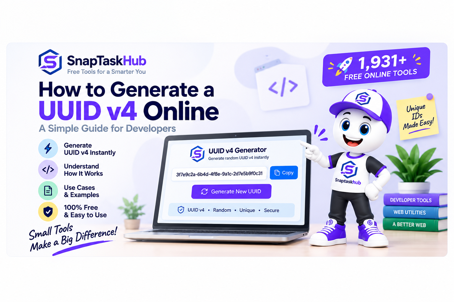 SnapTaskHub UUID v4 Generator showing how developers can generate random UUID version 4 identifiers online for free.