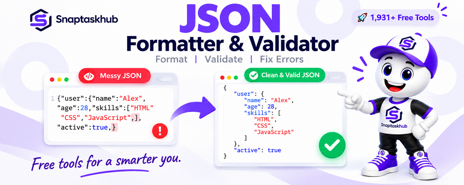 JSON Formatter and Validator showing messy JSON transformed into clean, valid and readable JSON with the SnapTaskHub mascot.